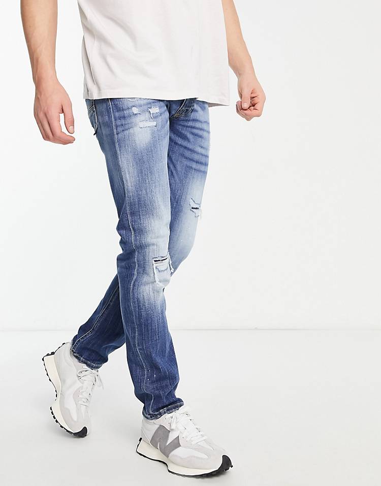 Jack & Jones Intelligence Glenn slim jeans with rips in dark blue